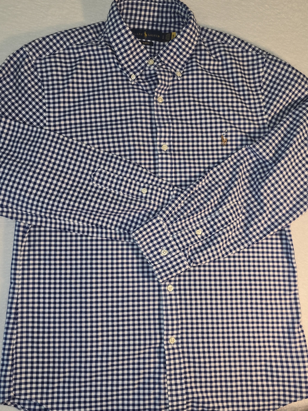 Ralph Lauren Navy and White Gingham Mens Button-Down Shirt Size L